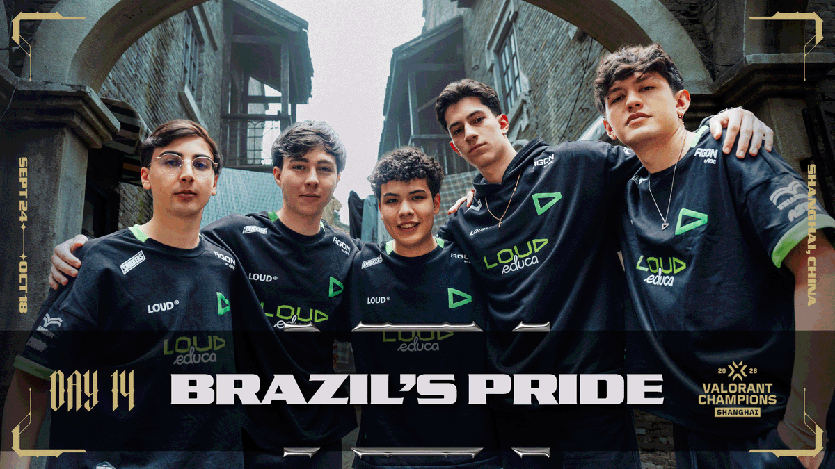 Five members of LOUD Esports pose together in black and green "LOUD educa" jerseys, captioned "Day 14 - Brazil's Pride" for the 2026 Valorant Champions tournament in Shanghai (Sept 24 - Oct 18). The image showcases the Brazilian team ahead of their matchup against NRG mentioned in the post.