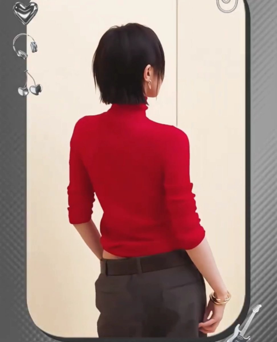 A person with short dark hair, viewed from behind, wears a fitted red turtleneck sweater and dark trousers in a photo framed with a smartphone-style border.