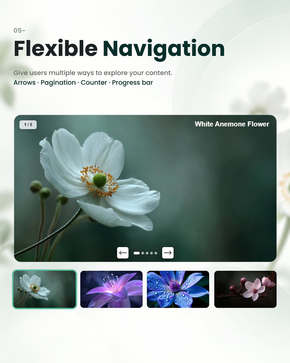 7sync_tech's tweet photo. A flexible media gallery featuring: 
→ Standard &amp; thumbnail sliders 
→ Images, videos, Lottie &amp; GIFs 
→ Hover zoom &amp; lightbox 
→ Autoplay, infinite loop &amp; responsive controls https://t.co/Xu8HBXbbki