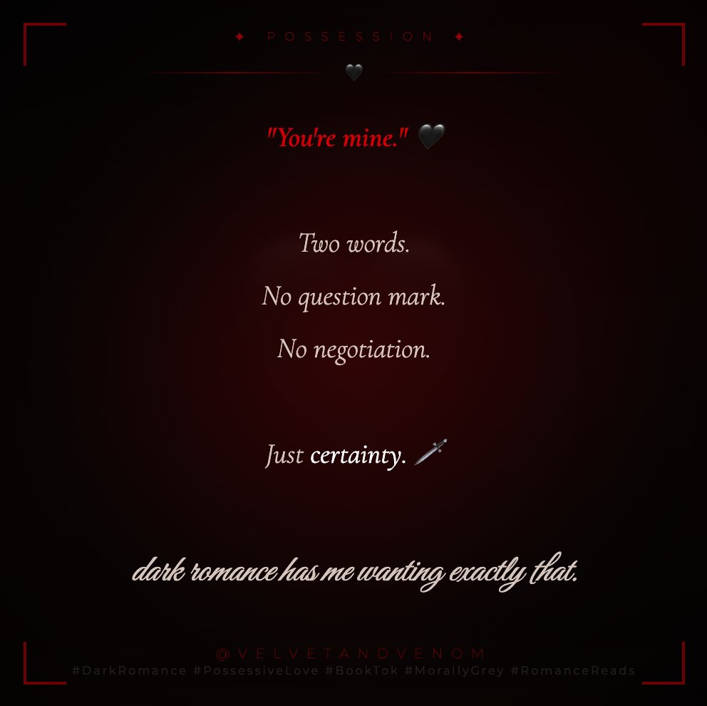 D4rk_Sh's tweet photo. Possession

“You’re mine.” 🖤
Two words.
No question mark.
No negotiation.Just certainty. 🗡️Dark romance has me
wanting exactly that. 😈🥀
#DarkRomance #PossessiveLove #BookTok #MorallyGrey #RomanceReads #viralㅤㅤ https://t.co/LMmTzsDopg