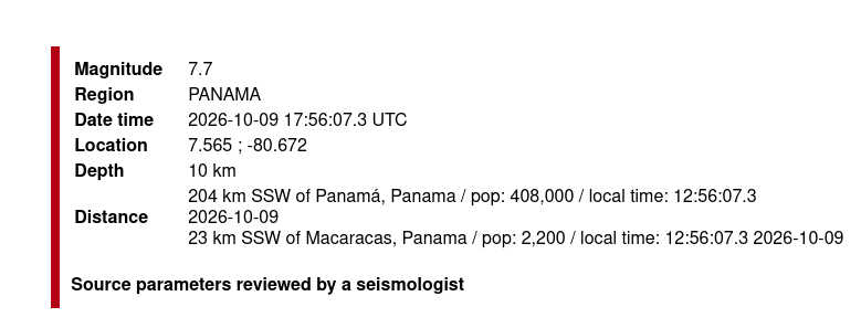 schroeshirecat's tweet photo. Major earthquake in Panama yesterday afternoon, local time of magnitude 7.7, followed by many aftershocks some of them over magnitude 6.0.
There is significant damage, but the number of victims is unclear at this moment.
The country's president has declared a major disaster. https://t.co/2MEhLGbJ0j