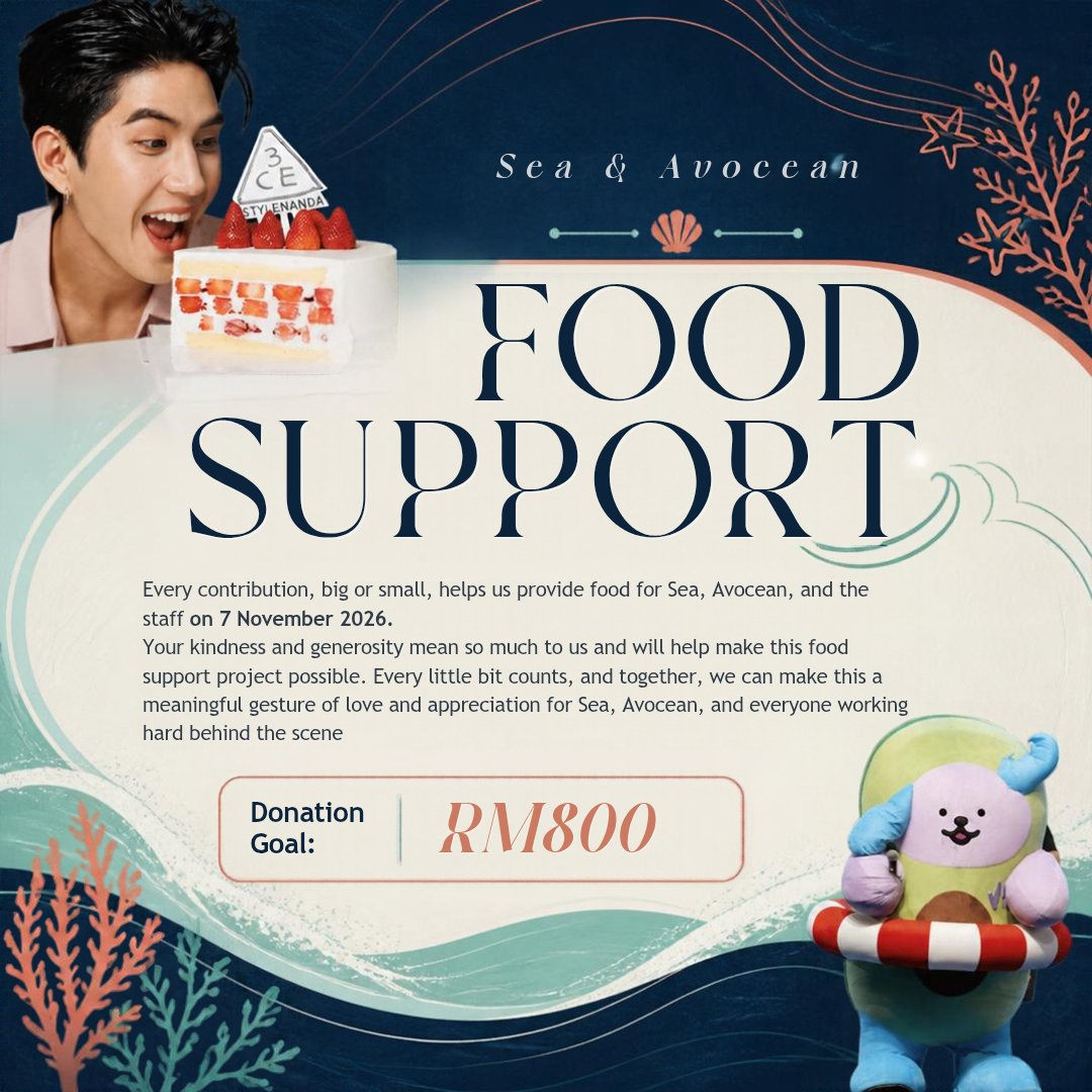 sea_tawinanMY's tweet photo. 🍱🌊 SEACEAN FOOD SUPPORT PROJECT 🐶🥑🩵

A little love, a little care, and a whole lot of love for Sea & Avocean. 🥹🩵

Hi everyone! 🫶🏻

With Sea Tawinan and Avocean’s Malaysia fansign happening on 7 November 2026, Sea Tawinan MY is organising a food support project to make sure Sea, Avocean and the supporting team are well taken care of during their time with us in Malaysia. 🇲🇾🌊

We’re aiming to raise RM800 to help provide:

🍱 Main meals for Sea, Avocean & the supporting team
🍰 Desserts
🥤 Drinks
🍿 Snacks and refreshments for event participants (first come, first served)

We’re incredibly grateful that some of the desserts and drinks have already been sponsored! Every little bit of support helps us make this project possible. 🥹🩵

💙 HOW YOU CAN HELP

We welcome monetary donations of any amount. Whether it’s a little or a lot, every contribution brings us one step closer to our goal. There’s absolutely no pressure to donate — simply sharing this project and spreading the word means a lot to us, too! 🫶🏻

📋 TRANSPARENCY MATTERS

We’re committed to keeping track of all donations received and expenses incurred. Once the project is completed, we’ll share a summary of the funds collected and how they were used, including any remaining balance, if applicable.

Let’s come together as nomnoms to give Sea, Avocean and the supporting team a little extra love and care! 🥹🌊🩵

🔗 Donation form: https://t.co/VZXgxkhFl3

For any questions, feel free to reach out to us:

𝕏 : @sea_tawinanMY
🧵 Threads: @sea_tawinanMY
📸 Instagram: @sea_tawinanMY

Thank you for always showing Sea & Avocean so much love. Every little contribution counts, and we’re so grateful to have you with us on this journey. 🩵🌊✨