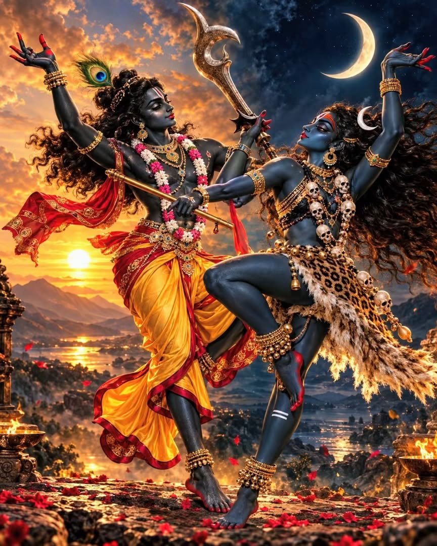 vishwananda's tweet photo. Maha-Amavasya and Shakti.
Ma Bhagavati is the pure potency of Bhagavan manifested in a Saguna form. She who holds the three worlds gently in Her palm, not allowing any lasting darkness to take over. She who is the gentlest towards the Saints, is also the fiercest towards the evildoers. Standing continuously in the darkness, She endlessly nurtures Her children to stay in the light. Her own light is the light of the atma. The atma that continuously reminds one of Bhagavan. How deep Her love must be to come in endless forms just to serve the Supreme Lord and show every atma from within itself, what it needs to strive for. Hence, like Bhagavan is called Prem Swarup, She is Prem Swarupini. On Mahalaya Amavasya, Ma Bhagavati is present in her most subtle yet most pure form. She takes care of all Her children who are transitioning from the human world to the spirit world. She takes care of all those who are grieving the loss of their loved ones. She takes care of the balance of the world by emerging as the Nav Durga and giving everyone a cause for grand celebration, letting go of grief, and emerging into the bright light. Shailaputri, Brahmacharini, Chandraghanta, Kushmanda, Skandamata, Katyayini, Kaalrati, Maha Gauri, Siddhidatri. How endless is the love of Ma Bhagavati for everyone. She is Krishna Varnayai the one who is alike to Sri Krishna in appearance and nature. May Ma Bhagavati bless everyone on this day as we transition from delusion of the mind to the Reality of Bhagavan, from darkness towards light, from the cycle of life-and-death to immortality.  Asato mā sad-gamaya |
Tamaso mā jyotir-gamaya |
Mṛtyor-mā amṛtaṃ gamaya |
Om śāntiḥ śāntiḥ śāntiḥ ||