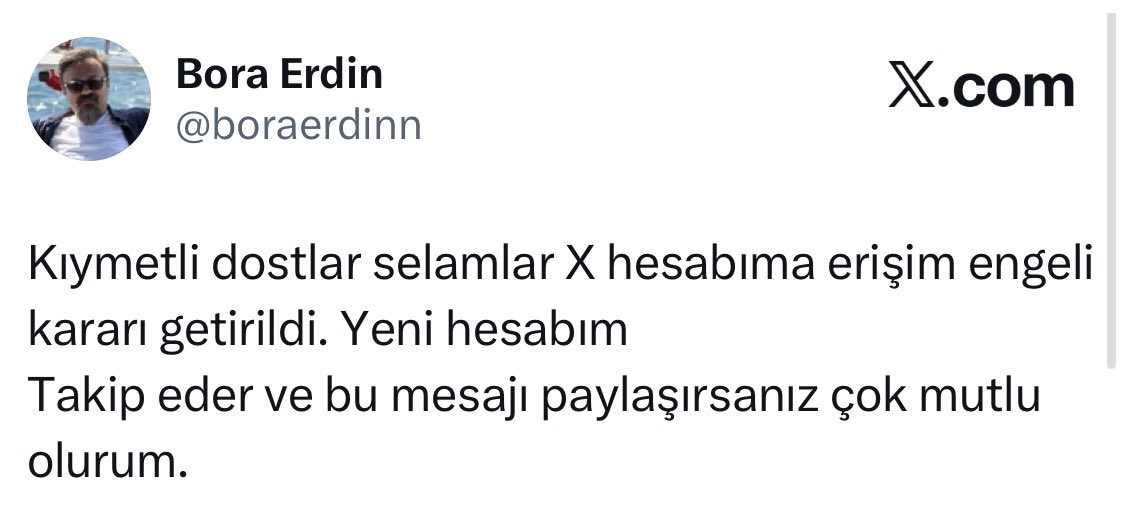 haberaktifcom's tweet photo. Gazeteci Bora Erdin’in X hesabı Türkiye’den erişime engellendi

Erdin, bir gün önce Türkiye Varlık Fonu Başkan Vekili ve Borsa İstanbul Yönetim Kurulu Başkanı Erişah Arıcan’ın oğlunun kamuyla olan ticari ilişkilerini gündeme getirmişti. https://t.co/JM9kV1MsAT