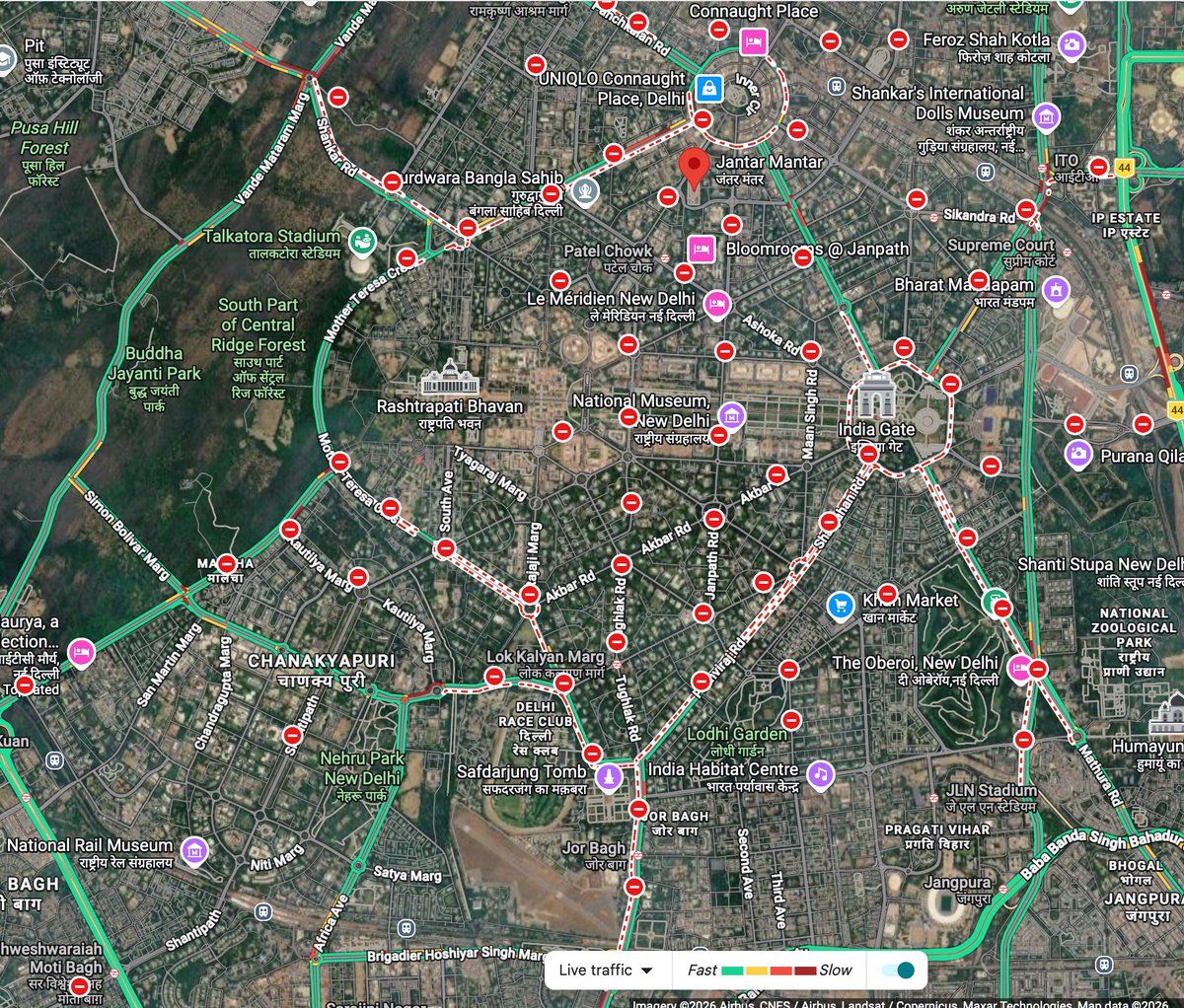 serish's tweet photo. You see extensive closure of roads in India's capital.
A large area out of bounds for citizens.

I see a shrinking writ. 

Like Bahadur Shah Zafar's writ limited to Red Fort. https://t.co/8dgug9HMZt