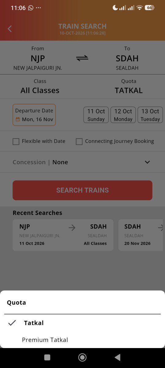 prabeer007's tweet photo. @IRCTCofficial what is wrong with your app now? Why am I being shown only tatkal option for booking date of 16th Nov? @RailwaySeva @RailMinIndia please help. It's been highlighted before, but no response. https://t.co/O7lzxKDaPX