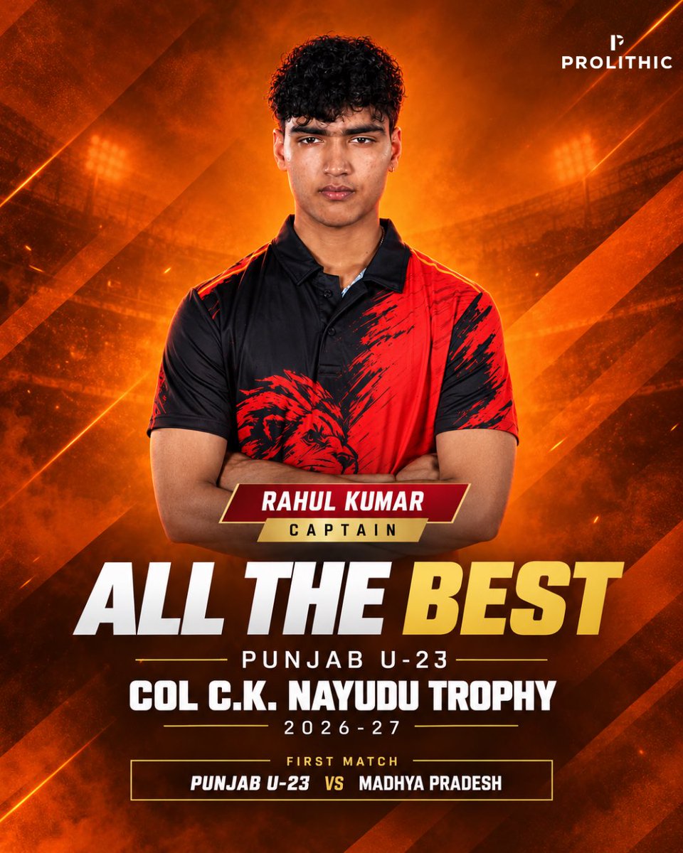 Prolithic_'s tweet photo. A NEW CHALLENGE. A NEW BATTLE. A NEW BEGINNING! 🧡
Wishing our captain Rahul Kumar and Team Punjab U-23 the very best for the Col. C.K. Nayudu Trophy 💪
#Prolithic #Punjab #RahulKumar https://t.co/vDoa5AtY0O