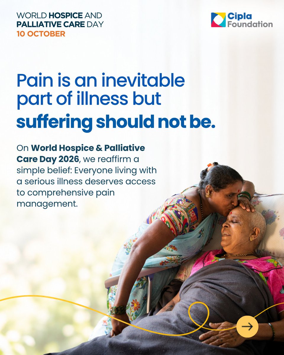 CiplaFoundation's tweet photo. Palliative care recognises that pain can go beyond the physical, affecting emotional well-being, relationships and everyday life.

Across 20 states, Cipla Foundation and 37 partner organisations support over 65,000 patients and family members annually.
#WHPCD2026 #PalliativeCare https://t.co/UlbnX6sFUR