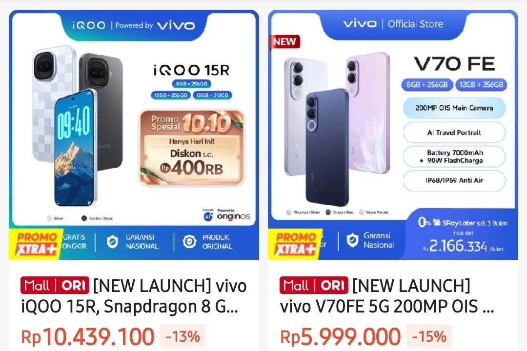 ArmynLius's tweet photo. Hp vivo dan iQOO New harga diskon 10.10

V70 8/256 harga 9 juta
iQOO 15R 12/512 harga 10,4 juta
iQOO Neo 10 12/256 harga 6,5 juta
iQOO 15 12/256 harga 12,1 juta
vivo V70 FE 8/256 harga 6 juta

Link pembelian vivo Official Store
https://t.co/H2ZBVIuBZJ https://t.co/ZE19RlMrA6
