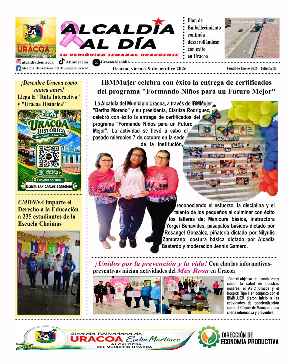 UracoaAlcaldia's tweet photo. #esnoticia - EDICIÓN: 39. Resumen informativo de todo el acontecer en el municipio Uracoa, estado Monagas, correspondiente a la semana 03-10-2026 al 09-10-2026. #PrimeraPagina de ALCALDIA AL DIA, "Tu periódico semanal uracoense"
@ErnestoLunaPsuv @martinezevelin_ @delcyrodriguezv https://t.co/th0fhewjja