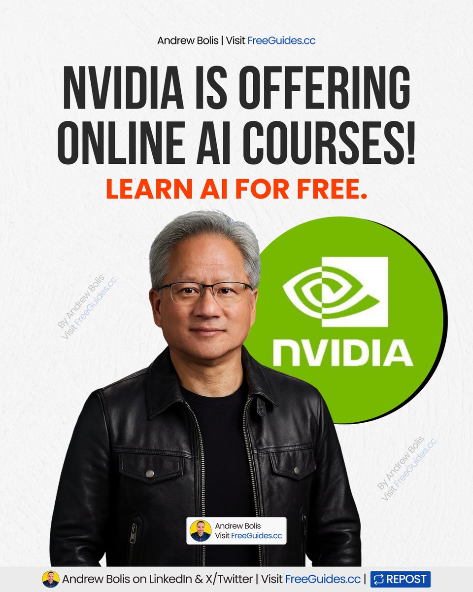 AndrewBolis's tweet photo. NVIDIA is offering free online courses to learn AI.

They’re practical, well-structured, and easy to follow.

Here are 9 NVIDIA courses with official links included:

[ bookmark 🔖 this thread for later ] https://t.co/YO4d7fNqCi