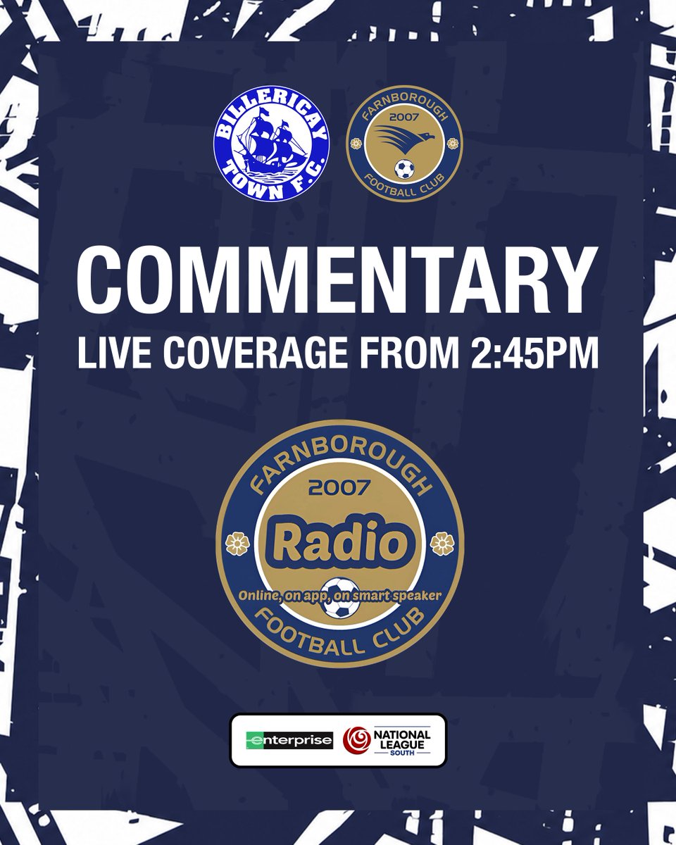 FarnboroughFC's tweet photo. Farnborough FC Radio are providing live commentary of this afternoon's trip to Billericay Town 🎙️

Listen to coverage from 2:45pm.

🔗 https://t.co/9RDVR0vr5R https://t.co/lGQEll9YlG