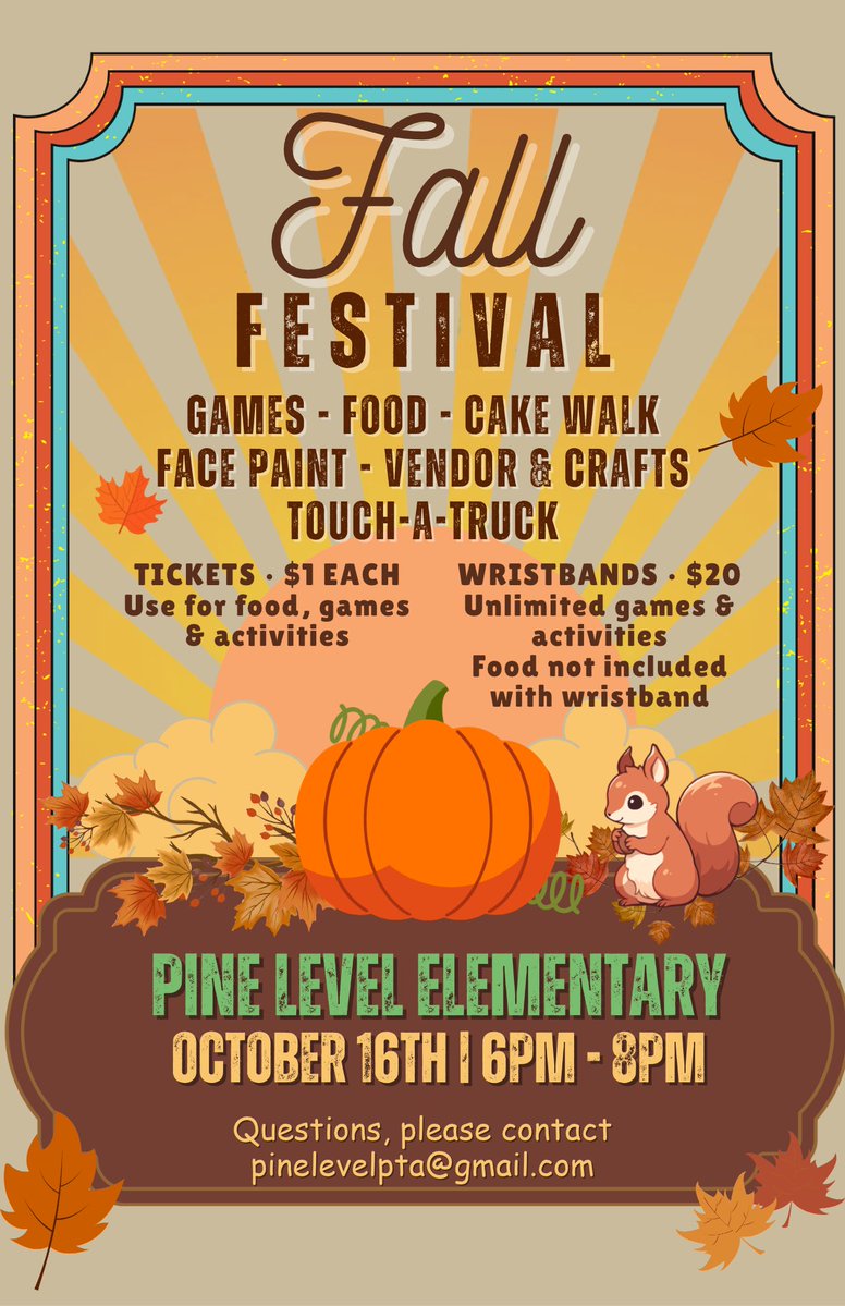 PineLevelES's tweet photo. Mark your calendar!! 

@PineLevelES PTA Fall Festival

Friday, 10/16/26
6:00 - 8:00 pm
Enter at our Front door

Questions? email pinelevelpta@gmail.com https://t.co/c9CtL6gCRC