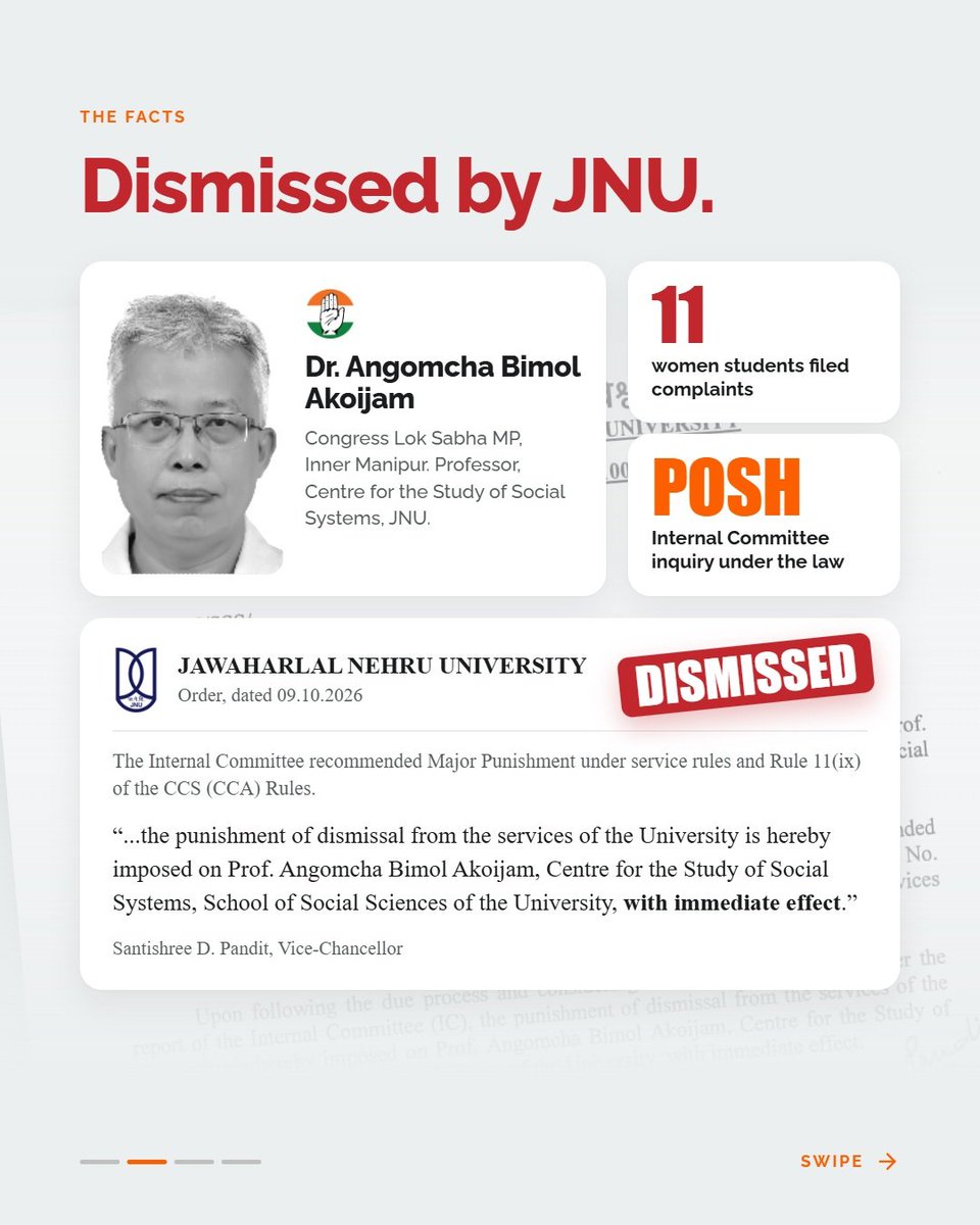 NitinNabin's tweet photo. Loud slogans, selective action!

The mask is off the self-proclaimed champions of women's rights and the "Smash the Patriarchy" brigade. Following serious complaints by female students, JNU has terminated Congress MP Angomcha Bimol Akoijam, yet the opposition remains conspicuously silent.   

Will Rahul Gandhi demand accountability from his own MP and sack him, or is moral outrage reserved only for political convenience?