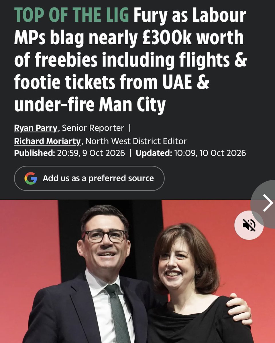 JamesMelville's tweet photo. Labour: the party of the many…as long as the many includes almost £300,000 in VIP seats at the Man City Etihad stadium, free flights, and champagne hospitality in the directors’ box. 

Nothing says “clean up politics” like Labour Party politicians lapping up freebies of a UAE-owned football club found guilty of systematic rule-breaking. 

We all endure the cost-of-living crisis. The liggers get the free champagne socialism matchday hospitality.