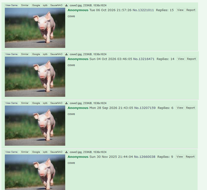 fearonchain's tweet photo. "cowe" the pig is 4chans ACTUAL new doge 

unlike jefrey (my narra too) its an actual meme and has HUNDREDS of threads, its acc insane 

archived cowe threads: https://t.co/J1SlHT3Ap9 

current cowe thread: 
https://t.co/pLLrKm2UWl

again, the archive shows THREADS, click "view"

also the jef redeploy is completely wrong, its not "general jef", general is just a title for threads