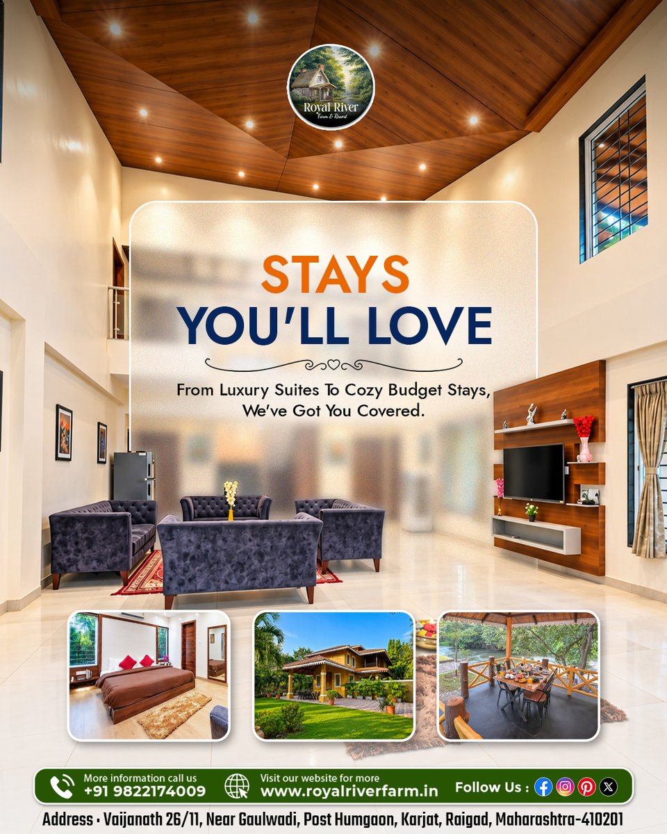 royalriverfarm's tweet photo. Looking for the perfect getaway surrounded by nature? 🌳😍 Experience comfort, luxury, and peaceful vibes at Royal River Farm &amp; Resort, Karjat! 🌴✨

📞 98221 74009
🌐 https://t.co/5f2b0KB1jQ

#RoyalRiverFarm #Karjat #KarjatResort #FarmStay #WeekendGetaway #LuxuryStay #BudgetStay https://t.co/8xMIddMMIY