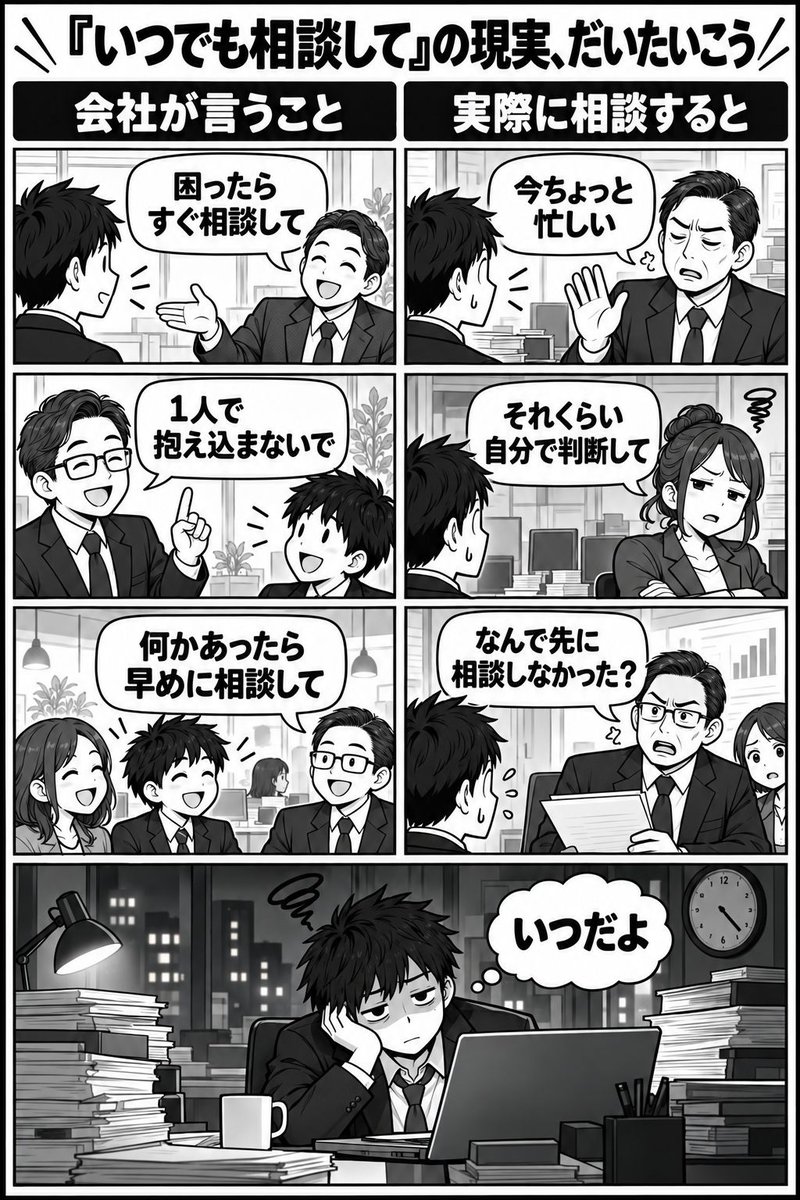 kazuki_rouki's tweet photo. 会社からは「いつでも相談して」って言われたから相談したのに、
いざ相談すると、実際はこういう反応だとキツイですね😅 https://t.co/RJGp082PYu