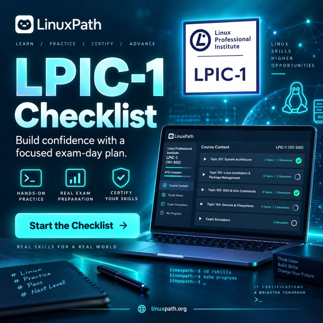 LinuxPath's tweet photo. LPIC-1 checklist:
System Architecture
Installation &amp; Package Management
GNU and Unix Commands
Devices &amp; Filesystems
Exam Simulators
Structured prep beats random study.
#LPIC1 #Linux #LinuxPath https://t.co/7QXUcCZPrW