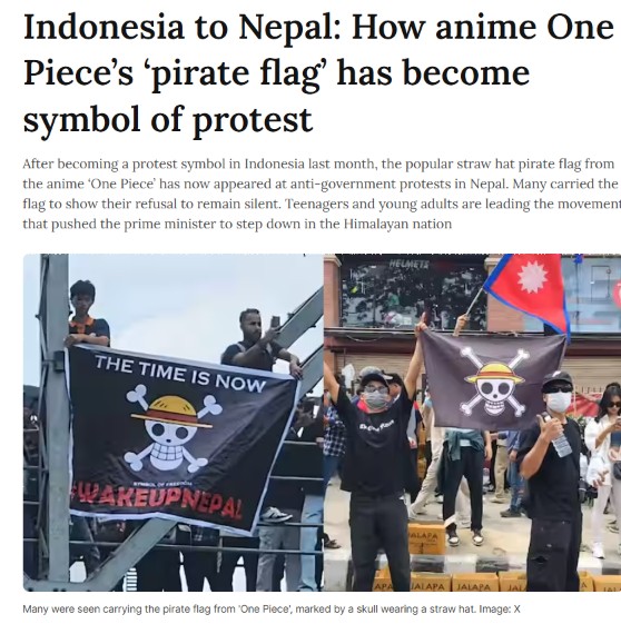 Politicsforgets's tweet photo. "One Piece" logo was used by Neha Bora - the same logo was used during the regime-change movement in Nepal. https://t.co/ht7o7nOT1k
