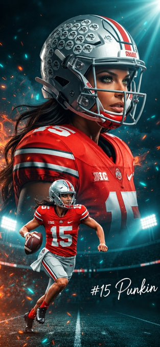 A digitally rendered football player in a red Ohio State Buckeyes uniform with "#15 Punkin" written beside her, complementing the post's enthusiasm for game day as Ohio State faces Maryland at 4:00 PM EST.