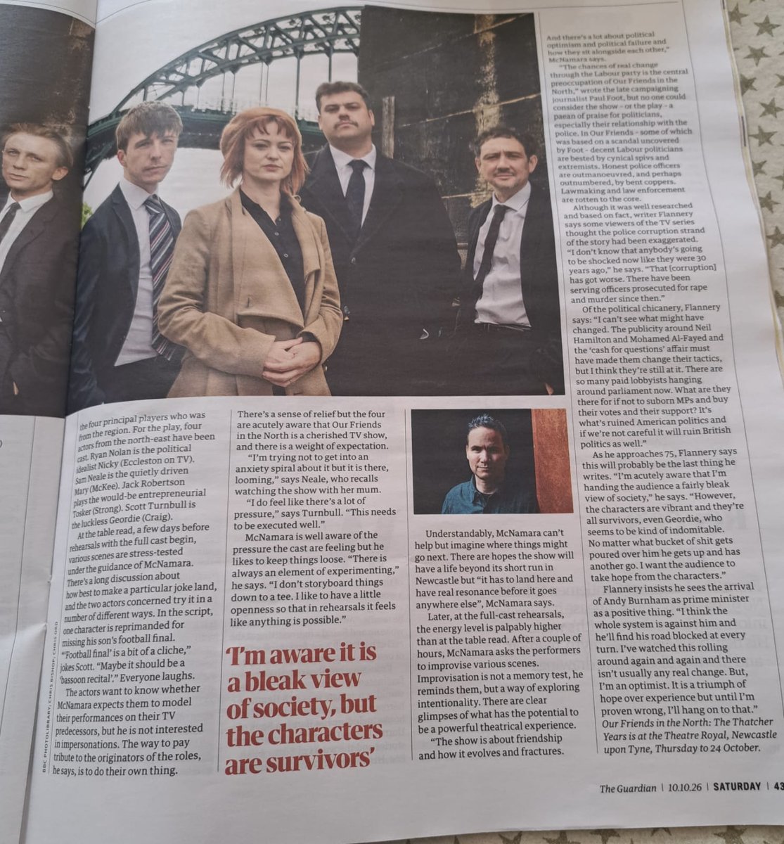 LiveTheatre's tweet photo. Great feature in today's The Guardian Saturday Magazine on 'Our Friends in the North' our co-production with @TheatreRoyalNew & @jamieeastlake Productions.  Check it out to learn more about this gripping political drama written for the stage by original writer of the BAFTA Winning TV series Peter Flannery.
Pick up your copy or check out the pics.
It plays at Newcastle Theatre Royal from this coming Thu 15 - Sat 24 Oct, get tickets at https://t.co/DncQ4aG4qt