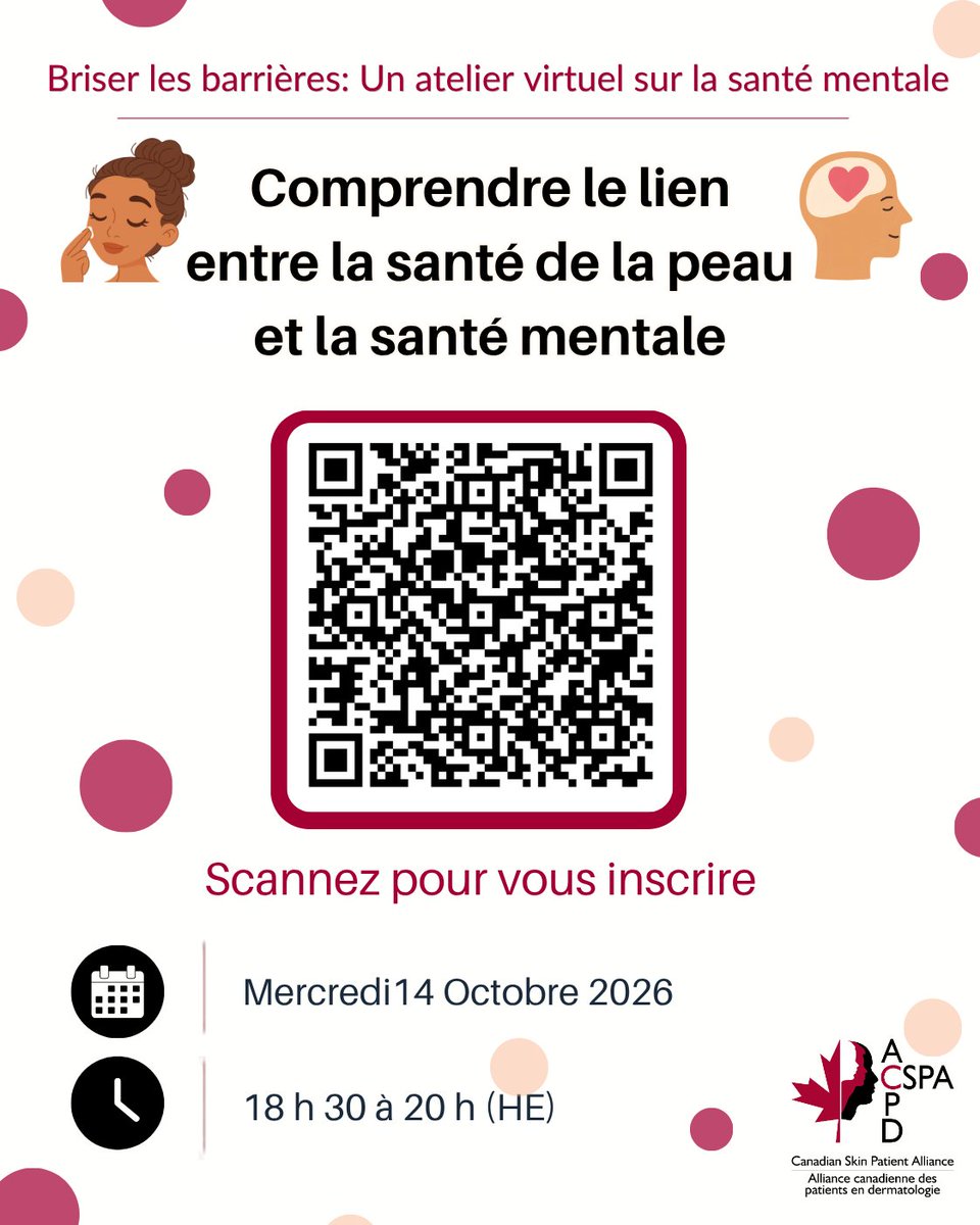 CanadianSkin's tweet photo. Join CSPA for our free virtual Breaking Barriers workshop, where we discuss the relationship between skin conditions &amp; mental well-being, share evidence-based coping strategies, &amp; ways to build resilience. Wed. Oct 14 from 6:30–8:00 p.m ET
Register https://t.co/2gDlmf8NCY https://t.co/3iBQQpky2u