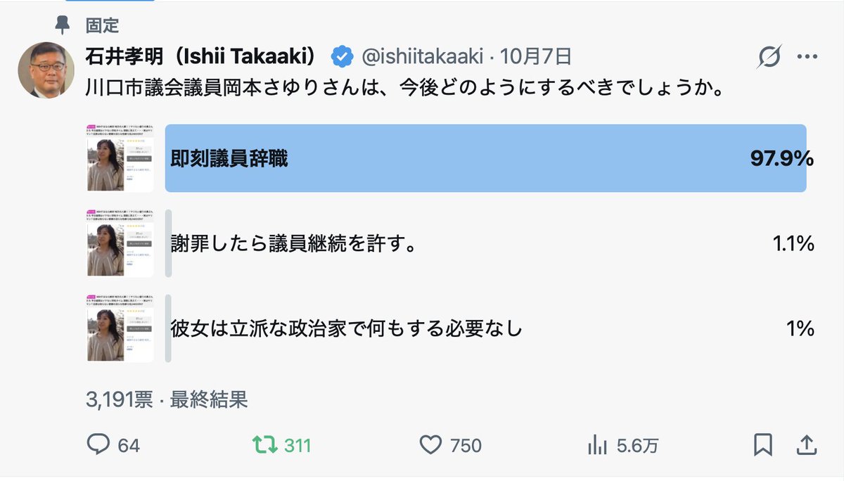 ishiitakaaki's tweet photo. 川口市議会、岡本さゆりさんについて、辞職希望が９８％と民意が示されました。税金を食べて派手な、人々に不快感を与え、外国人による交通事故死亡被害者のご遺族に「ヒステリー」と叫ぶ生活をしているのですから、民意に従ってください。来年４月選挙です
　@OKAMOTO_SAYURI_ https://t.co/gvSIl7EC3V