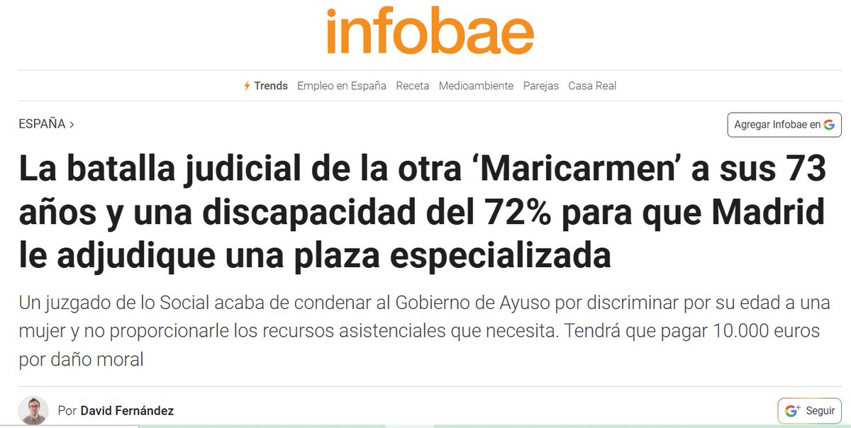 dfernandez1975's tweet photo. La batalla de la otra 'Maricarmen' contra el Gobierno de #Ayuso. A sus 73 años y con un 72% de dispacidad ha tenido que acudir a los tribunales para que le den plaza en una residencia especializada. https://t.co/VgNEgn22At