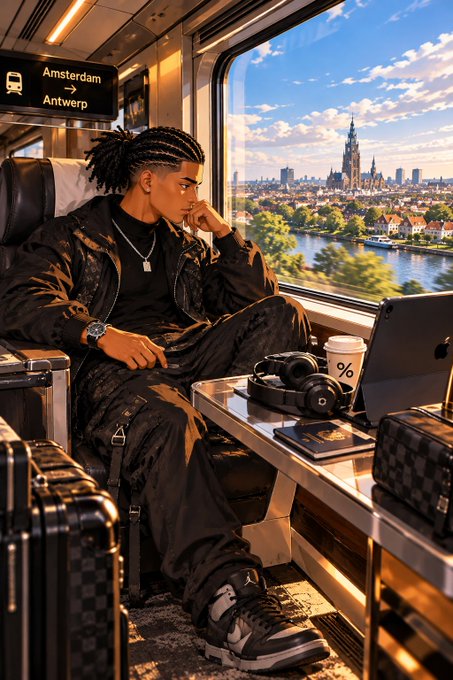 An illustrated scene of a young man with dreadlocks sitting on a train traveling from Amsterdam to Antwerp, looking out the window at a city skyline with a coffee cup, headphones, and laptop on the table.