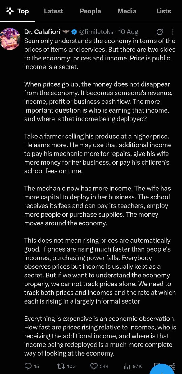 fimiletoks's tweet photo. One person’s spending is another person's income. I have said it several times in my posts. It is the fundamental basis of the circular flow of income. 

Every time someone demands lower prices for goods, they are demanding lower revenue for businesses. Prices and income are two sides of the same economic coin, demanding lower consumer prices and higher worker wages at the same time is a contradiction.