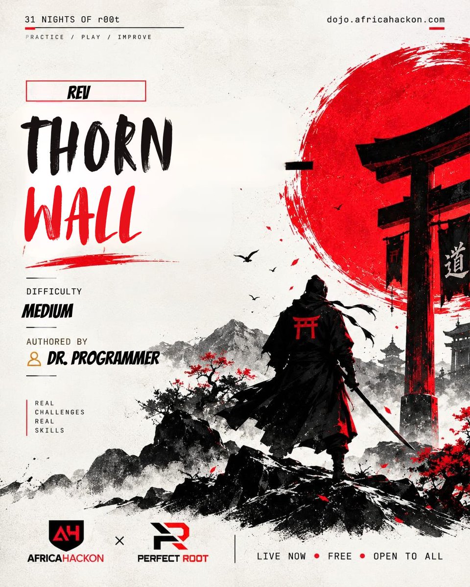 perfectrootdojo's tweet photo. Double trial, same dojo floor. 🥋

Thorn Wall (Rev) and The Signal Key (Mobile), both Medium, both live now.

Pick your discipline.

Solve now: https://t.co/PzX3pv3veM

#31NightsofR00t #DOJO #CTF https://t.co/gkLP9idZDt