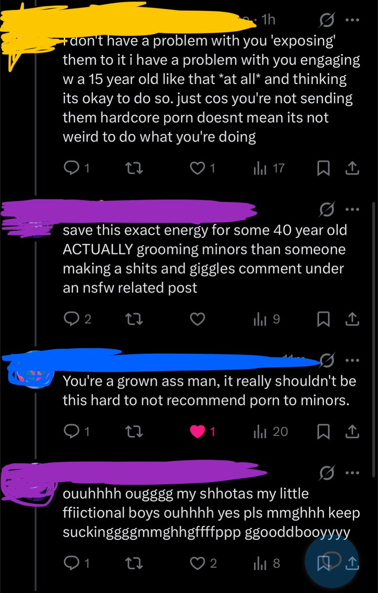 peefromabladder's tweet photo. @drowsydomm @Polchaigeist_ IDEK. This was a screenshot from shortly before i blocked them (yellow is my other acc, purple is the 19yo, n blue is someone else) https://t.co/QRQlMeJTgA