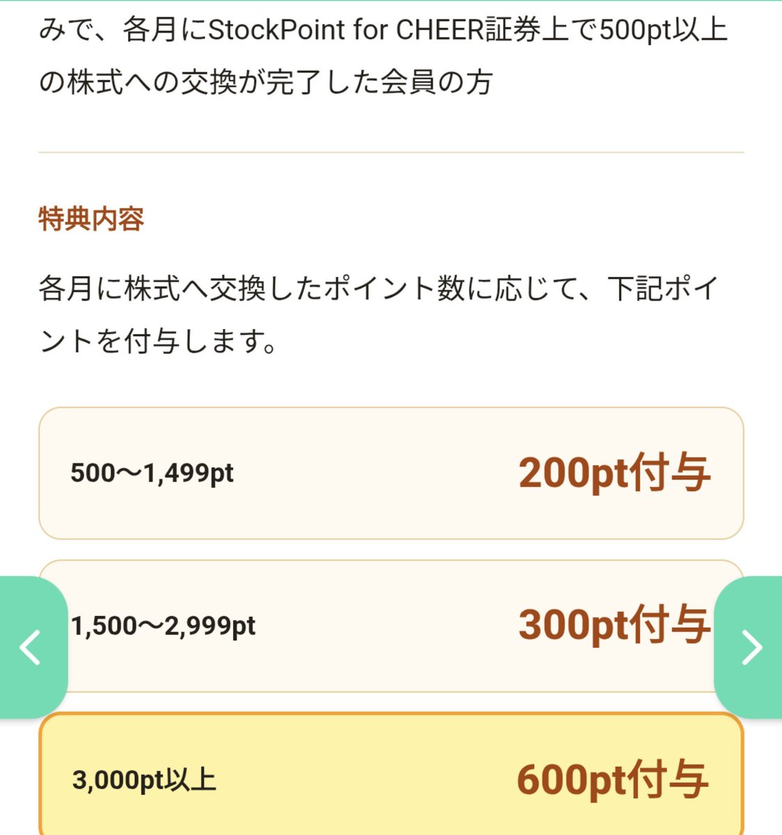 tanaka100p's tweet photo. お、これは結構いいかも？
Stock Point cheer証券から3000ポイント以上株に交換で600ポイント

各月の上限が600ポイントとあるので毎月やれば3000ポイントもらえそうです🙆🏻‍♂️ https://t.co/IgK75Gkz39