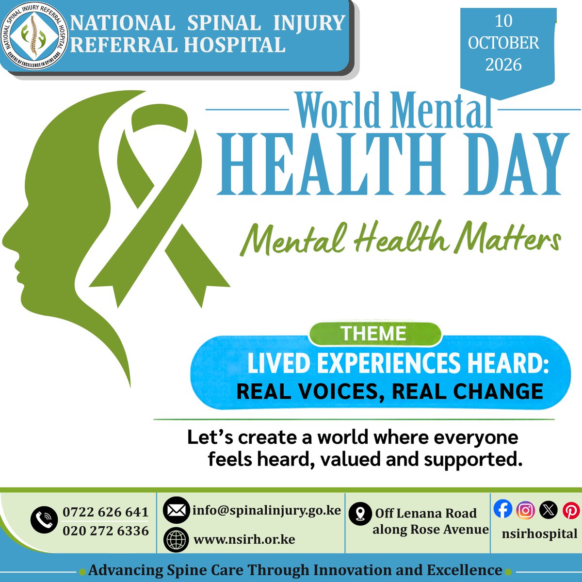 nsirhospital's tweet photo. ๐ข๐ WORLD MENTAL HEALTH DAY | 10 OCT
Theme: โLived Experiences Heard: Real Voices, Real Change.โ
Recovery goes beyond the body. Listen without judgment, check in on someone, seek support. You are not alone.
https://t.co/m7PxfHIpBQ
#WorldMentalHealthDay2026 #NSIRH https://t.co/X5wmNGf0u9