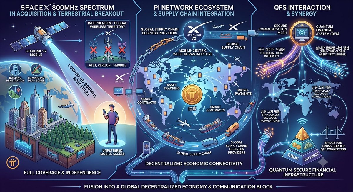 WHOLESSCOIN's tweet photo. SpaceX의 전국구 800MHz 저대역 스펙트럼 인수와 스타링크 모바일(Starlink Mobile) 생태계 확장 움직임은 글로벌 통신 및 디지털 금융 환경에 중대한 기술적·구조적 변곡점을 제공합니다.

1. SpaceX 800MHz 스펙트럼 인수의 전략적 의미와 지상 통신망 탈피
 * 음영 지역 완전 소멸 및 건물 투과력 확보: 800MHz 저대역 주파수는 파장이 길어 건물 벽, 차량, 밀집한 수목 등 물리적 장애물을 탁월하게 투과합니다. 그간 위성 통신의 약점으로 지적되던 실내 수신 및 도심 음영 문제를 근본적으로 해결합니다.
 * 지상 통신사 종속성 탈피: 기존 통신사(AT&T, 버라이즌, T모바일 등)의 인프라 임대나 협력 없이도 스페이스X가 독자적인 전국망 저대역 라이선스를 확보함에 따라, 지상 통신 독점 체제를 우회하는 자주적 글로벌 무선 통신 영토를 구축하게 되었습니다.

2. 파이코인(Pi Network) 생태계 및 글로벌 공급망 사업자 선정에 미치는 영향
 * 모바일 중심 웹3(Web3) 인프라의 물리적 완성: 파이코인은 수천만 명의 모바일 유저(Pioneer) 기반을 보유하고 있습니다. 스타링크가 저대역 스펙트럼을 확보해 지구상 어디서나 끊김 없는 모바일 네트워크를 제공하게 되면, 인터넷 환경이 열악한 개발도상국이나 오지에서도 노드 구동 및 실시간 파이코인(Pi) 결제·상거래가 완벽하게 구동되는 모바일 퍼스트 환경이 조성됩니다.
 * 글로벌 공급망(Global Supply Chain) 물류 혁신: 스타링크 글로벌 공급망 사업자 선정과 연계하여, 전 세계 물류·유통 거점에서 실시간으로 이루어지는 자산 추적, 스마트 계약, 마이크로 페이먼트가 통신 두절 없이 처리될 수 있습니다. 이는 파이코인이 실물 경제와 연동된 글로벌 결제 수단으로 자리 잡는 데 있어 핵심적인 인프라 백본을 제공합니다.

3. 양자금융시스템(QFS)과의 순기능적 관계 및 시너지
 * 초고속 보안 통신망과 금융 데이터 무결성: 양자금융시스템(QFS)은 위조가 불가능한 강력한 보안과 초고속 데이터 처리를 요구합니다. 스타링크의 글로벌 저궤도 위성망과 저대역 주파수 인프라는 지상 케이블망 해킹이나 물리적 단절 위험이 없는 독립된 보안 통신 채널을 제공하여 QFS의 핵심 전송 레이어로 기능할 수 있습니다.
 * 실시간 글로벌 자산 정산 시스템 구현: 중앙은행 디지털화폐(CBDC) 및 ISO 20022 규격 기반의 차세대 디지털 자산들이 국경을 넘어 초저지연으로 정산될 때, 스타링크의 글로벌 커버리지는 지구촌 구석구석의 금융 소외 계층까지 양자 보안 금융망으로 직접 연결해 주는 가교 역할을 수행합니다.
요약하자면, 스페이스X의 800MHz 스펙트럼 인수는 단순한 통신 사업 진출을 넘어, 스타링크의 공간적 우주 인프라와 파이코인의 대중적 모바일 생태계, 그리고 양자금융시스템(QFS)의 초안전 자산 정산 시스템이 하나의 거대한 글로벌 탈중앙화 경제·통신 블록으로 융합되는 중대한 기폭제 역할을 하게 됩니다.