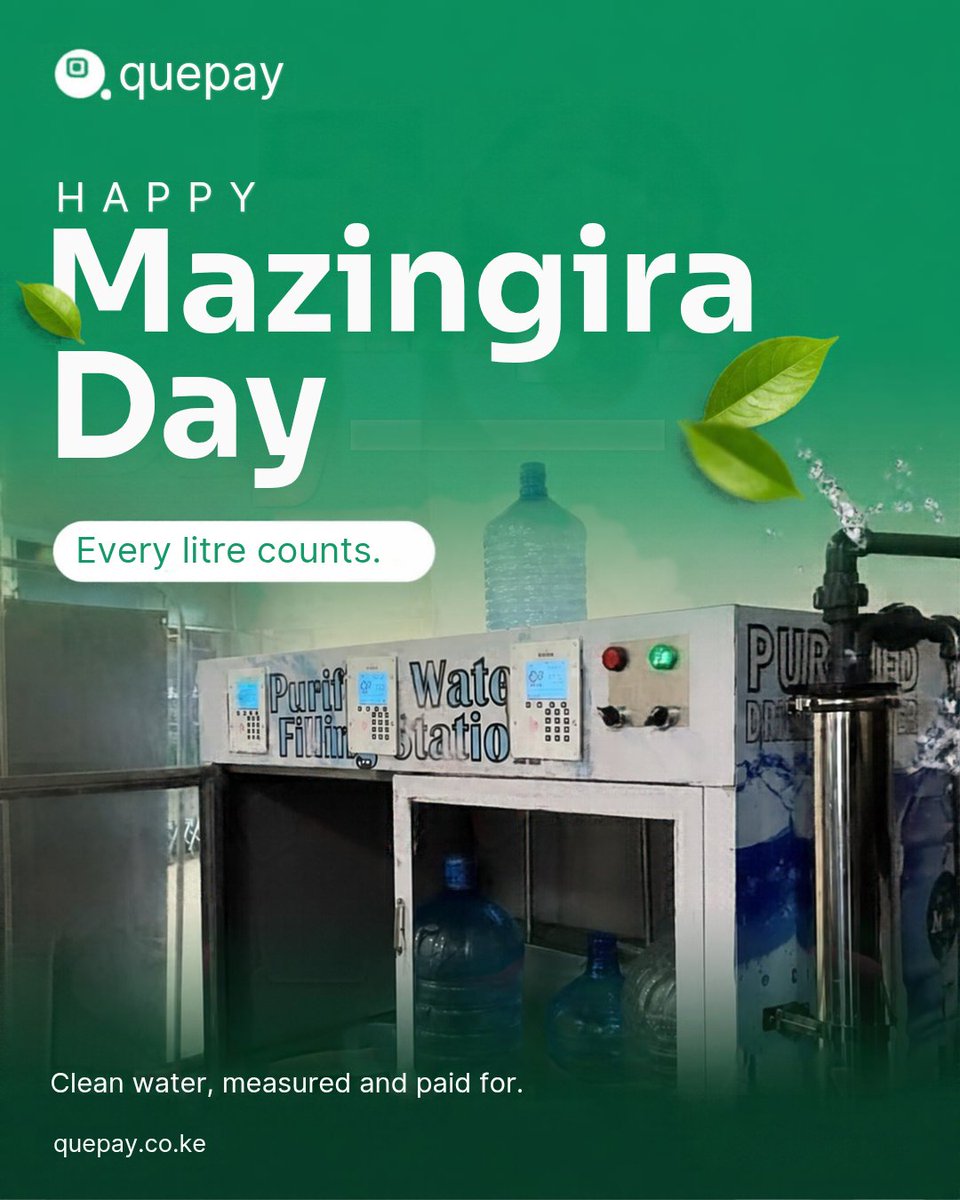 QuePayApp's tweet photo. A better environment starts with the little things we do every day.This Mazingira Day, let’s embrace , more sustainable ways to use our resources.With QuePay’s water dispenser payment automation, accessing water can be more convenient while supporting smarter water management. https://t.co/OFHKDVLdFW