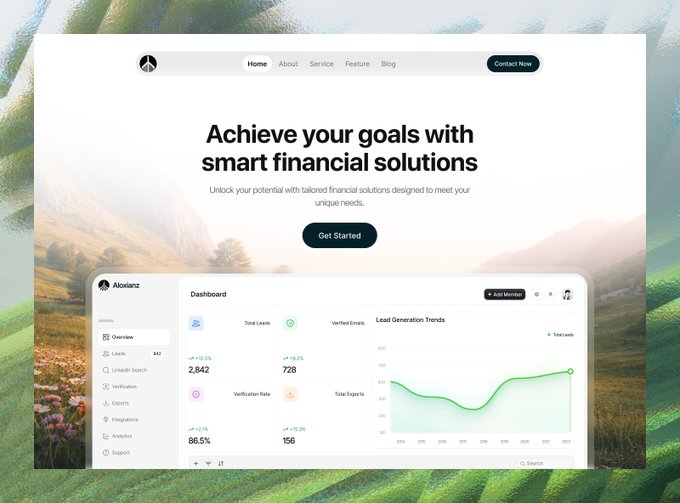 A landing page design with the headline 'Achieve your goals with smart financial solutions' and an 'Akoszanz' dashboard screenshot showing lead generation metrics and a 'Get Started' button.