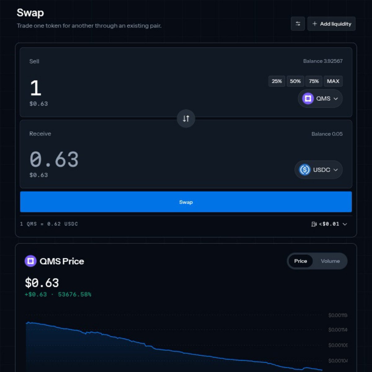 FutureFableEXE's tweet photo. 🧵  Exploring the @QMSNetwork Testnet! ⚡

Another day, another step into the QMS ecosystem! 🚀

Exploring the QWAP Testnet and checking out its swap feature. 🔄

Swapped QMS for USDC and explored the token prices and trading interface.  ecosystem.

#QMS #Testnet #Web3 #DeFi https://t.co/0vpLqnPde8