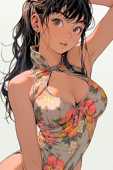 An anime-style illustration of a young woman with long dark hair wearing a floral halter top and gold hoop earrings, looking back over her shoulder with a soft expression.