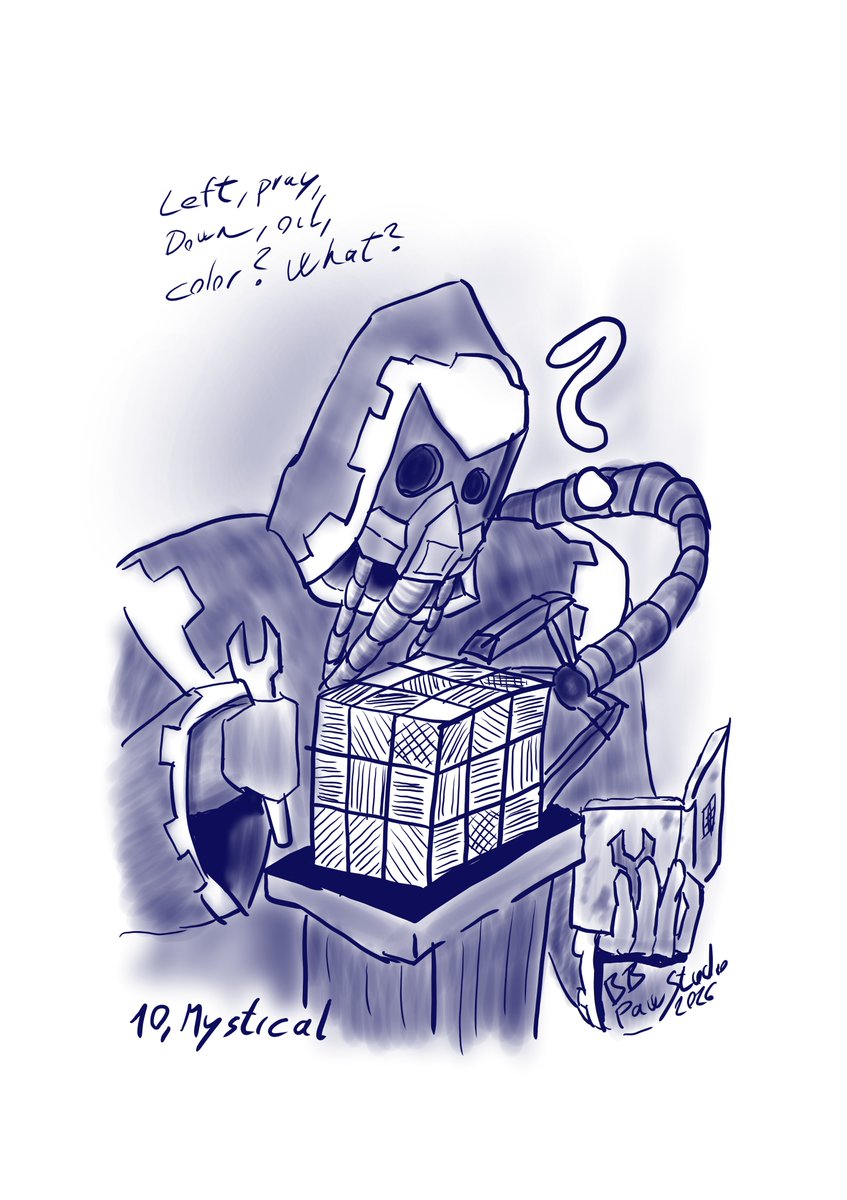 PawStudioNet's tweet photo. #inktober #inktober2026 @inktober #mystical

Something from the Dark Age of Technology, and it works, but the ritual and the prayer made no sense.

#inktober2026day10 #inktober2026mystical #inktober2026day10mystical #warhammer40k https://t.co/Zcpo9kRjno