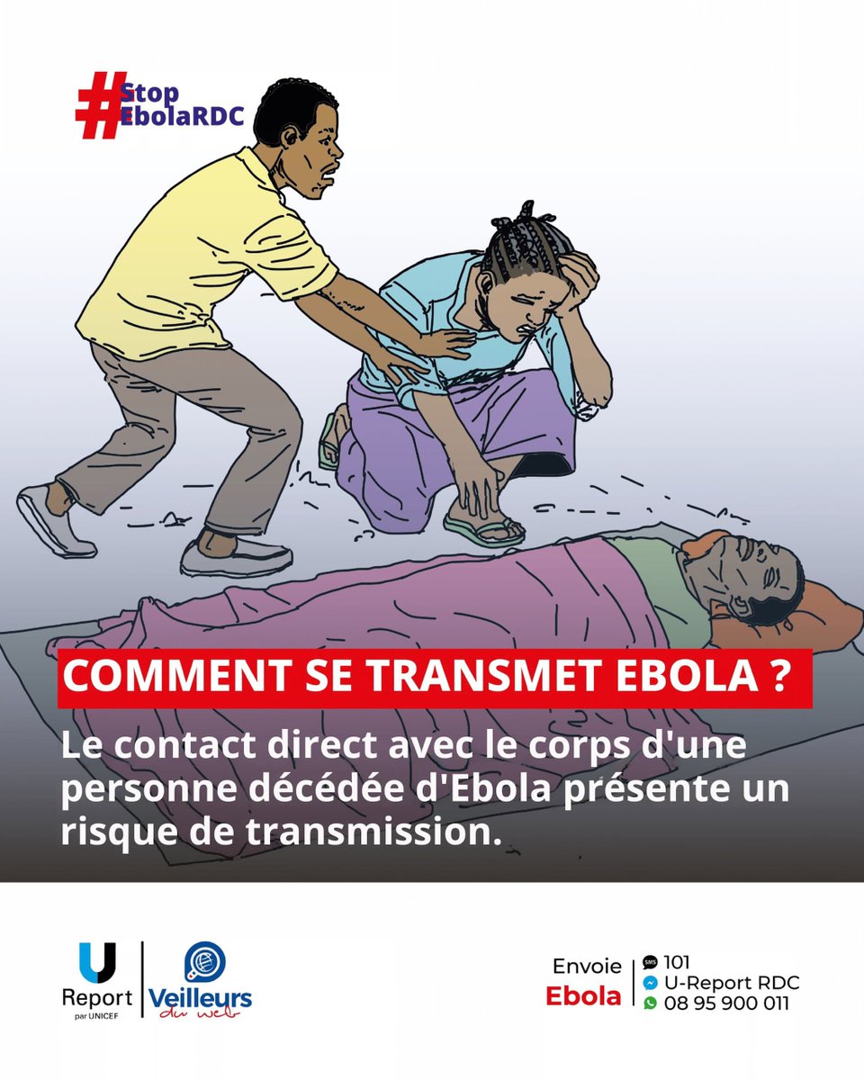 MutomboNor2479's tweet photo. 🦠 Comment se transmet Ebola ?

⚠️ Le contact direct avec le corps d’une personne décédée d’Ebola présente un risque élevé de transmission.

🙏🏾 Respectons les consignes des équipes de santé pour protéger nos communautés !

#StopEbolaRDC
#veilleursduwebRDC5 
@Insprdc @UNICEFDRC https://t.co/7pKAvuPRT9