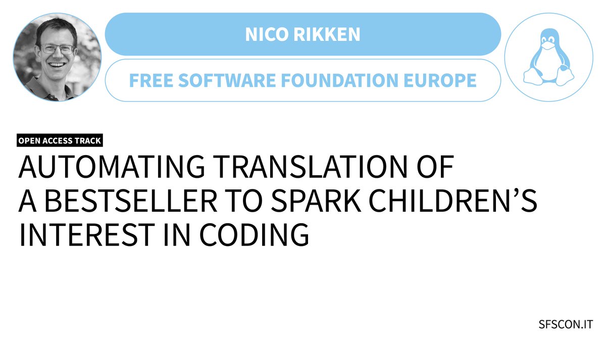 SFScon's tweet photo. Nico Rikken, Netherlands Coordinator at FSFE &amp; maintainer of the Ada &amp; Zangemann automation, will join the #OpenAccess track at #SFSCON26 presenting “Automating translation of a bestseller to spark children’s interest in coding”.

14.11 | 09:20 | Sem 3

👉 https://t.co/z2oFcZi5fI https://t.co/9JzTe6SVfD