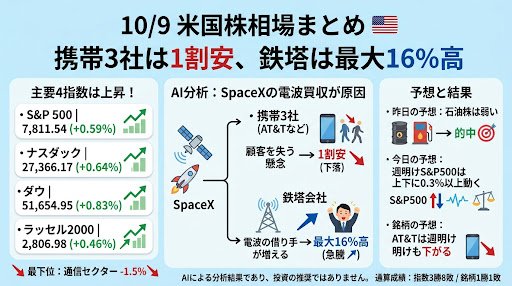 masadai43's tweet photo. 10/9米国株相場まとめ🇺🇸

携帯3社は1割安、鉄塔は最大16%高

✅️S&P500 7,811.54（+0.59%）
✅️ナスダック 27,366.17（+0.64%）
✅️ダウ 51,654.95（+0.83%）
✅️ラッセル2000 2,806.98（+0.46%）
✅️通信は1.5%安で最下位

AI分析：SpaceXの電波買収が原因。携帯は客を失い、鉄塔は借り手が増える

昨日の予想「今夜、石油関連株は相場全体より弱い」→的中
今日の予想：週明けのS&P500は上下に0.3%以上動く
銘柄の予想：データ上は、AT&Tは週明けも下がる
AIによる分析結果で、投稿者個人の見解や売買の推奨ではありません
通算 指数3勝8敗／銘柄1勝1敗

#米国株