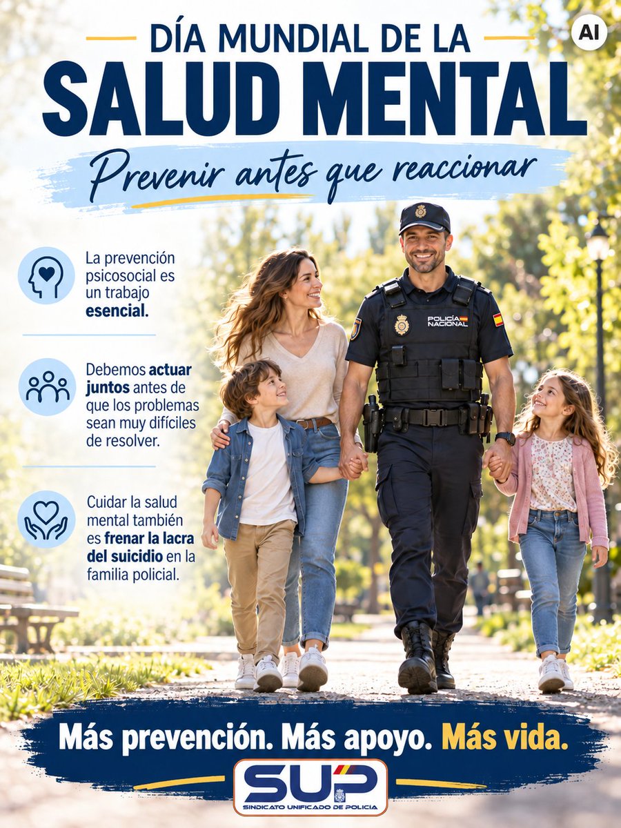 Sup_Policia's tweet photo. ⚠️ Una mente que nadie atiende a tiempo puede acabar rota. Es una realidad que la Policía no puede seguir ignorando.

En el Día Mundial de la Salud Mental, el SUP reconoce el esfuerzo del Área de Prevención Psicosocial de la DGP. Es una labor fundamental, pero el camino por recorrer sigue siendo largo. 🛤️

Reclamamos un modelo que se anticipe en lugar de limitarse a reaccionar: atajar el sufrimiento psicológico cuando aún tiene solución, y no cuando ya no hay marcha atrás. 🧠

No podemos resignarnos ante el suicidio, que este año ha castigado en repetidas ocasiones a nuestra familia policial. 🖤 Cada pérdida es una derrota colectiva.

📞 ¿Necesitas ayuda o conoces a alguien que sí? El teléfono de atención psicosocial de la DGP no descansa nunca: 915 821 043.

Únete al Sindicato Mayoritario de la Policía Nacional desde el primer comentario⤵️