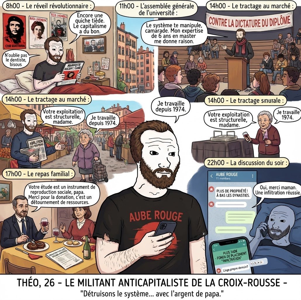 KimJongUnique's tweet photo. Théo, 26 ans, « militant anticapitaliste », fils de notaire, Lyon. Portrait.

8h00 : Le réveil révolutionnaire. 

Théo se réveille dans un T3 de la Croix-Rousse dont ses parents paient le loyer, « un temps, pour que je puisse me consacrer à la cause ». Sur la table, sa mère a déposé une quiche encore tiède avec un mot : « N'oublie pas ton rendez-vous chez le dentiste, bisous. » Il mange la quiche en lisant un manifeste insurrectionnel sur sa tablette, avec l'appétit d'un homme qui n'a jamais fait de courses. Sur son mur, un poster du Che, un autre de Rosa Luxemburg, un troisième de lui-même à une manifestation, bras levé, regard sombre. Il l'a fait encadrer. Il a 26 ans, le teint frais, et une barbe de trois jours qui lui prend quarante minutes de soin chaque matin pour ressembler à celle d'un homme qui n'a pas le temps.

11h00 : L'assemblée générale de l'université. 

Il prend la parole devant 80 personnes pour condamner « la dictature du diplôme, outil de reproduction des élites ». Il est inscrit en sixième année de master de philosophie politique, ce qui lui donne, dit-il, une expertise de terrain. Sa position est claire : il faut « détruire le système de l'intérieur ». Pour l'instant, il a surtout détruit le partiel de 400 camarades avec un blocage de deux semaines. Un étudiant en BTS venu assister à l'AG par curiosité demande : « Mais ceux qui travaillent à côté, comment ils font pour valider leur année ? » Théo répond avec un sourire patient : « C'est précisément ce que le système veut que tu demandes. » La salle applaudit, l'étudiant s'en va, la validation reste suspendue.

14h00 : Le tractage au marché. 

Place du marché de la Croix-Rousse, il distribue des tracts contre « les ultra-riches, ces parasites ». Une retraitée, tenant son cabas, lui demande avec politesse ce que ça change pour sa petite boutique de mercerie. Théo, entraîné à la pédagogie, lui explique avec une patience visible que « son exploitation est structurelle, même si elle ne le voit pas ». Elle lui répond qu'elle travaille depuis 1974, qu'elle a élevé deux enfants seule, et qu'elle a bien vu ce que la structure lui devait. Il sourit comme on sourit à une enfant. Elle repart avec le tract et ses 1 100 euros de pension. Il note dans son carnet : « Conscience de classe à construire, public âgé. » Il n'a pas compris qu'elle l'avait compris.

17h00 : Le repas familial. 

Il rentre chez ses parents à Caluire, « pour ne pas rester seul, le collectif a besoin de recul ». Autour de l'osso-buco, il explique à son père, notaire depuis trente ans, que son étude est « un instrument de la reproduction sociale ». Son père sourit, lui tend le sel, et rappelle qu'il vient de signer la donation partagée pour l'achat d'une petite maison à la campagne, « le futur lieu de la communauté », selon Théo. Sa mère ajoute qu'elle a réglé la taxe foncière « pour ne pas te déranger avec ça ». Théo remercie, la bouche pleine, et glisse que ce n'est pas une contradiction : c'est « un détournement de ressources ». Le père reprend du vin, il adore cette formule.

22h00 : La discussion du soir. 

Dans le groupe Telegram du collectif « Aube Rouge » (11 membres, dont 6 fils ou filles de cadres), Théo écrit : « Plus de propriété, plus de rentes, plus d'héritage. À bas les dynasties. » Il se couche ensuite sur son lit à 900 euros, en consultant l'appli de son nouveau fonds de placement, ouvert « pour tester le système de l'intérieur ». Mathématiquement, il a gagné 340 euros cette année. Il appelle ça « de l'infiltration ». Sa mère lui envoie un dernier message : « Tu veux que je te dépose le linge propre demain ? » Il répond : « Oui, merci maman. » Puis il éteint, ayant mené sa journée de combat avec une cohérence irréprochable.
