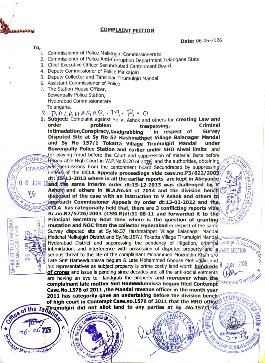 MeMoizjung's tweet photo. @TelanganaACB
 https://t.co/FpkDQ66A6K
To Honorable office of ACB , what action your office has taken on the petition Forwarded by the DGP office on my Complaint ,its a clear case of fraudulent documents used by the alleged land grabbers confirmed https://t.co/X3lw07BW92