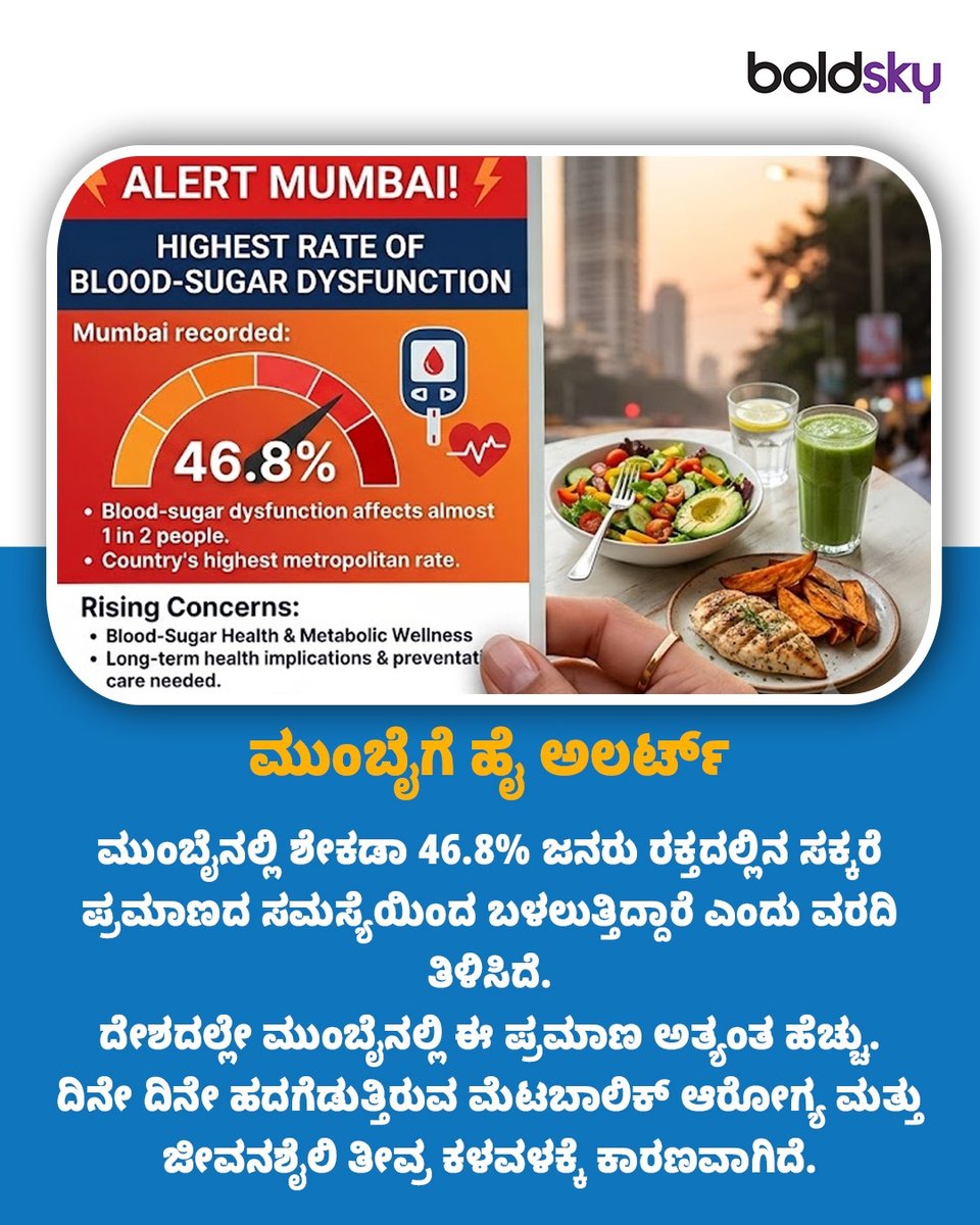 BoldskyKannada's tweet photo. ದೇಶದಲ್ಲೇ ಮುಂಬೈನಲ್ಲಿ ಮೆಟಬಾಲಿಕ್ ಆರೋಗ್ಯದ ಸಮಸ್ಯೆ ಅತ್ಯಂತ ಕಳವಳಕಾರಿ ಮಟ್ಟಕ್ಕೆ ತಲುಪಿದೆ. ಇತ್ತೀಚಿನ ವರದಿಗಳ ಪ್ರಕಾರ, ಮುಂಬೈನ ಶೇಕಡಾ 46.8% ಜನರ ರಕ್ತದಲ್ಲಿನ ಸಕ್ಕರೆ ಪ್ರಮಾಣ ಅಸಹಜವಾಗಿರುವುದು ಪತ್ತೆಯಾಗಿದೆ!
#MumbaiHealthAlert #BloodSugarCrisis #BSKannada #StayHealthy #HealthUpdates #MetabolicHealth https://t.co/olFi1uLm5X
