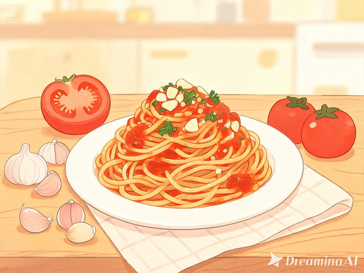 Game_of_DDise_'s tweet photo. トマト料理といっても
ブルスケッタだけじゃなくパスタ料理のイラストも載せておきます
トマトとニンニクのパスタ!😋
#トマトの日 #aiイラスト #AIart #dreamina https://t.co/kd8HbKfBsE