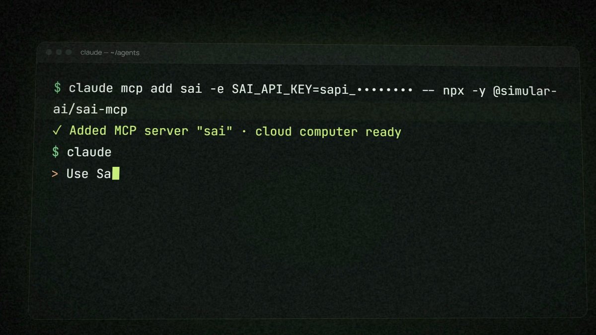 ET0inNekMyto6hR's tweet photo. 1/ short-term trader habit: before I care about a model, I ask what it can actually touch. most agent demos can touch a chat box and a browser tab. that's it.

2/ Sai API from @sai_borg changes the answer. your coding agent adds it with one MCP command (the terminal in pic 1) and gets a real Windows cloud computer plus an agent that operates it.

3/ that matters for anyone running trading ops, because half the venues, reporting portals and back-office tools we deal with have no API. today that means brittle scripts or a person clicking.

4/ the safety bits are what would make it usable for anything money-adjacent: a live view of the machine while it runs, and a pause for approval before risky commands.

5/ one machine per agent, so a few watchers can run in parallel instead of queueing through one session.

6/ works with Claude Code, Codex and Cursor. no PnL claims from me, obviously.